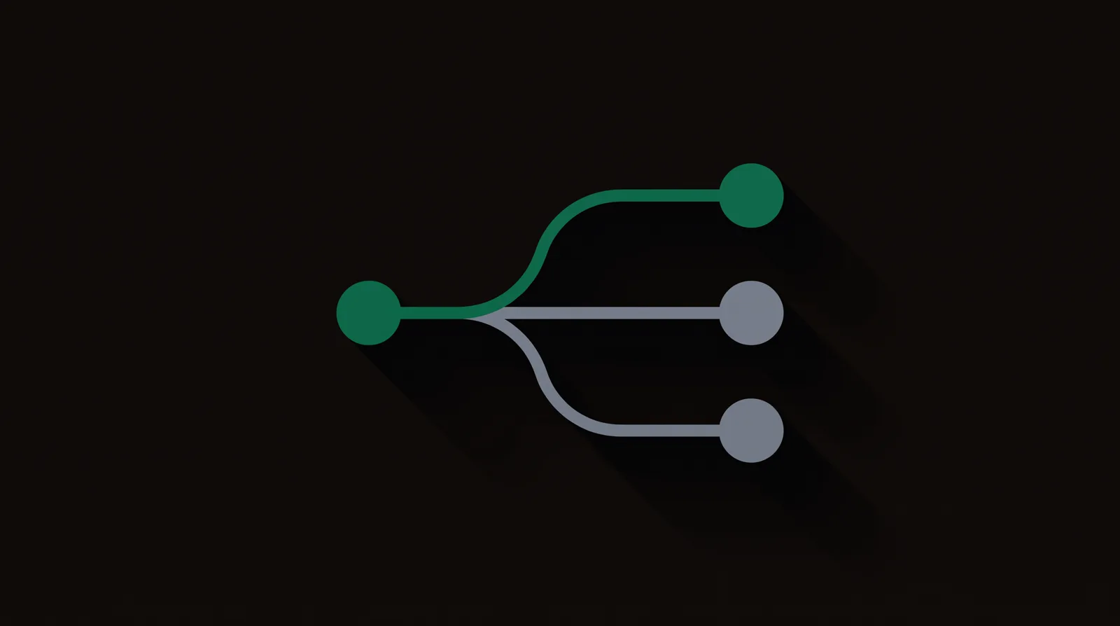 One node branching along three paths to alternative nodes, the top path and node emerald.