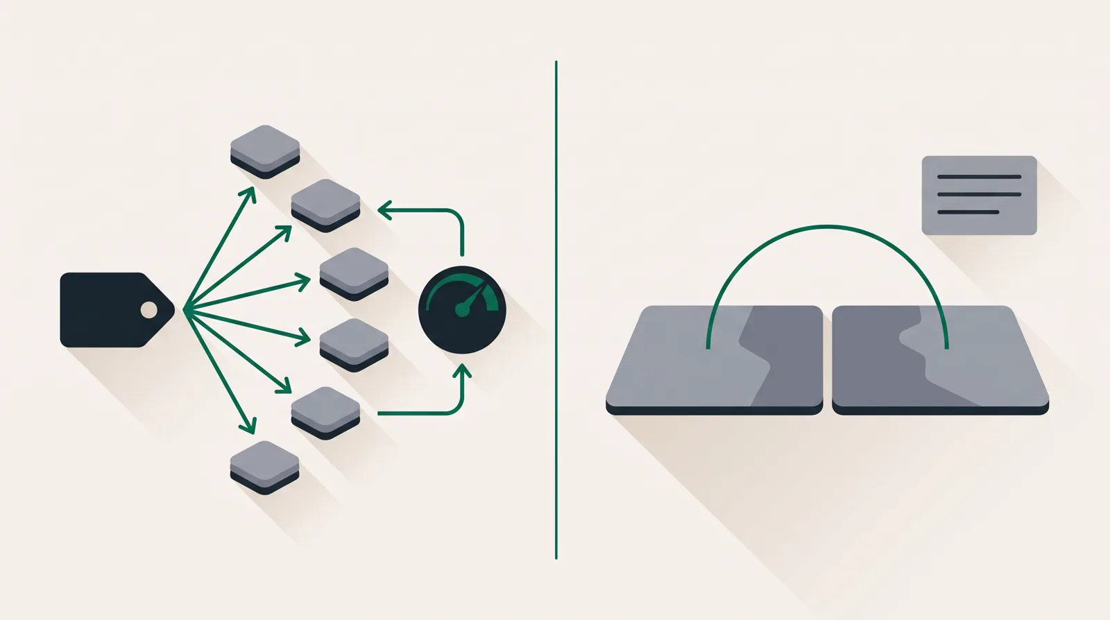 On the left, a tracking tag sending arrows out to six ad-platform tiles with one arrow looping back into an auction dial; on the right, two matched regions with a diminishing-returns curve and a report, divided down the middle.