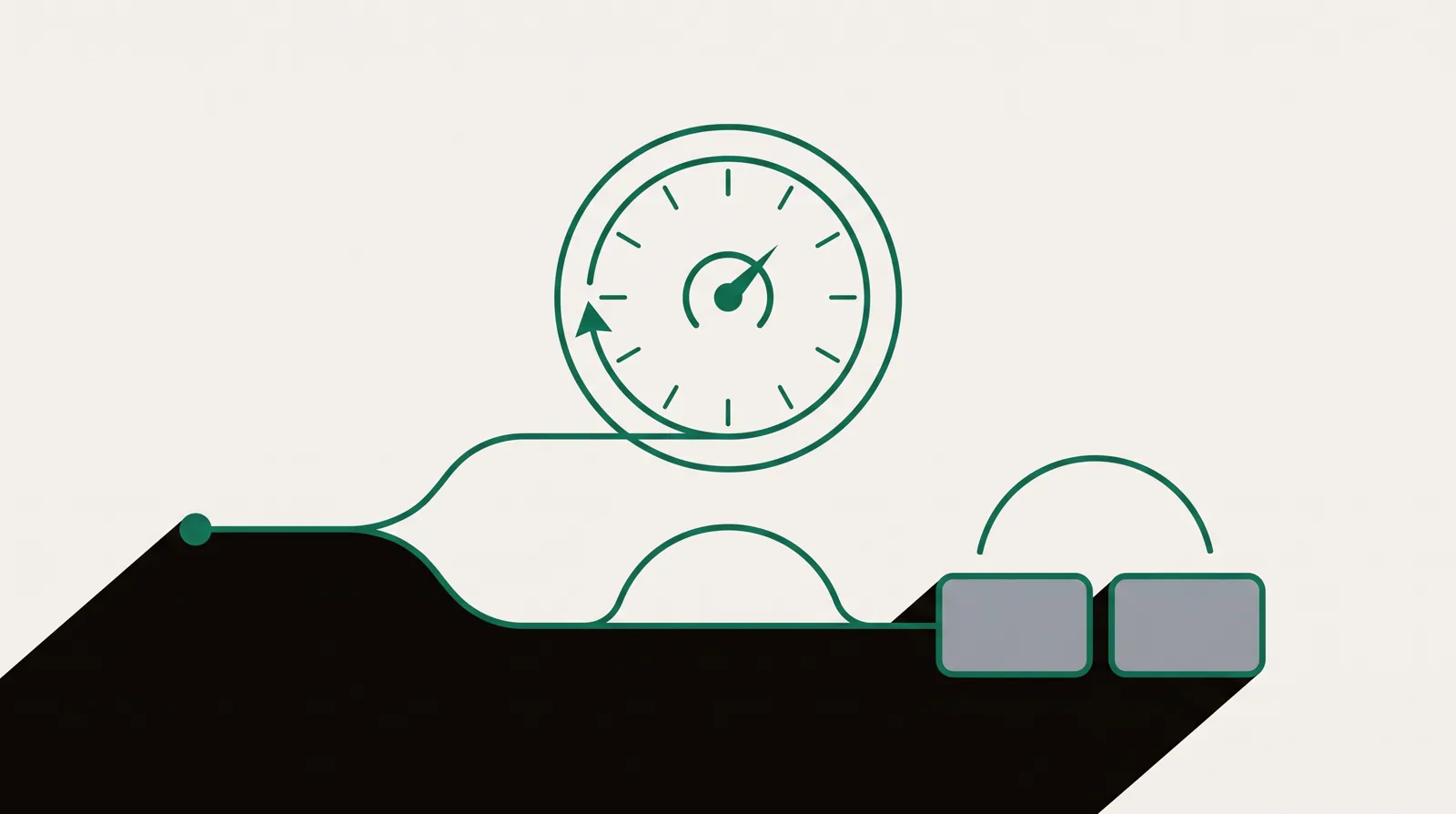 A path forking: the upper branch loops back into a tick-marked dial, the lower branch runs to two matched regions under an arc and ends at a report.
