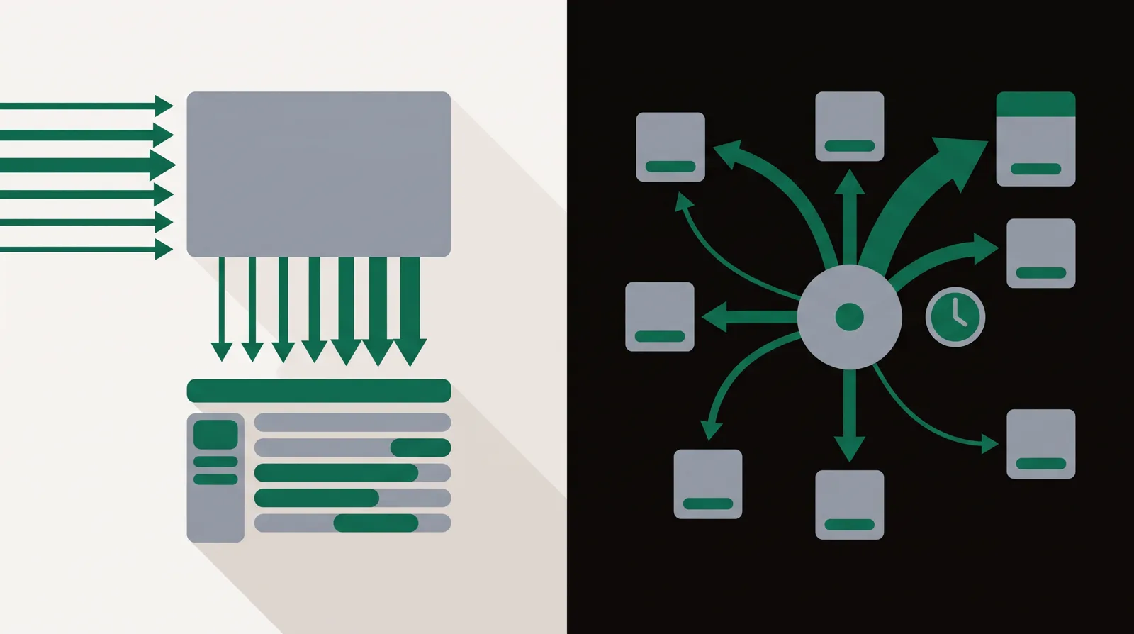 On the left, evenly weighted traffic flowing through one flat panel into a single dashboard; on the right, a routing hub redistributing traffic across offers by weight, with a clock marking per-minute adjustment.