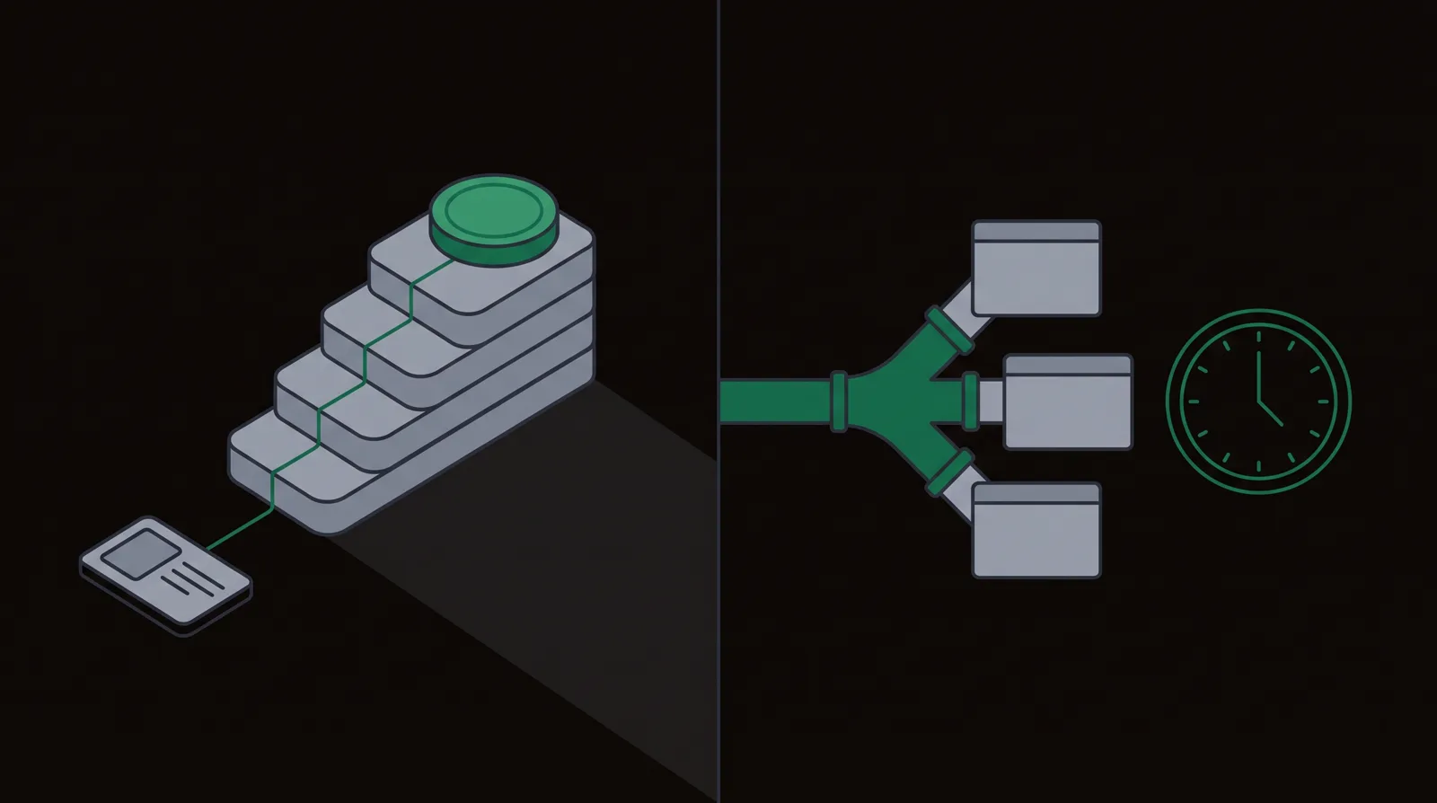 Left: an ad card linked up through a rising stack of revenue rows to a coin. Right: one traffic pipe fanning through a splitter into three offer boxes beside a clock.