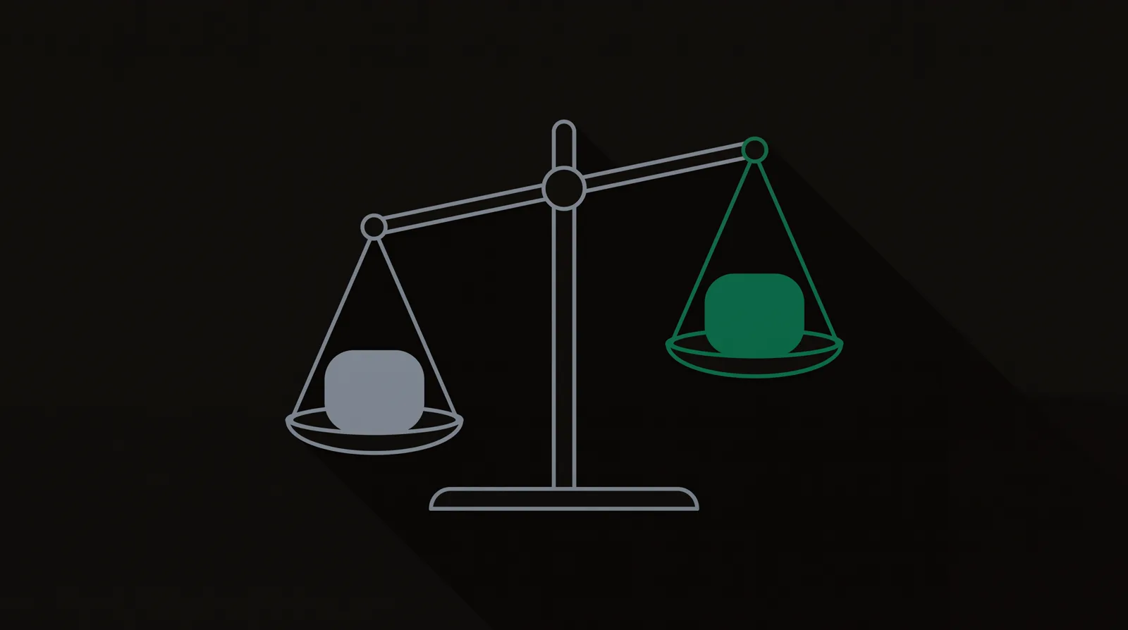 A balance scale weighing a slate slab against an emerald slab, tilting slightly toward emerald.