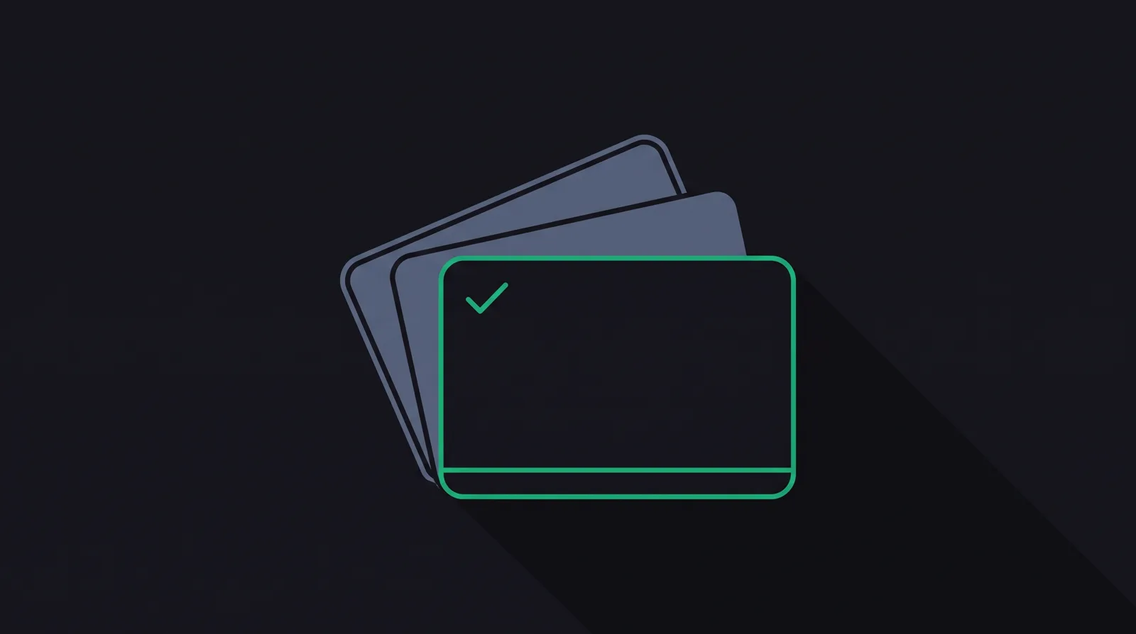Three fanned review cards, the front one outlined in emerald with a checkmark tick.