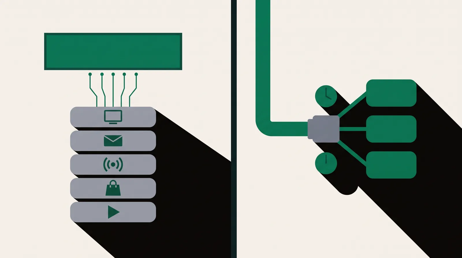 Left: a wide measurement panel sitting on top of many stacked marketing channels. Right: one traffic pipe fanning through a splitter into three offer boxes beside a clock.