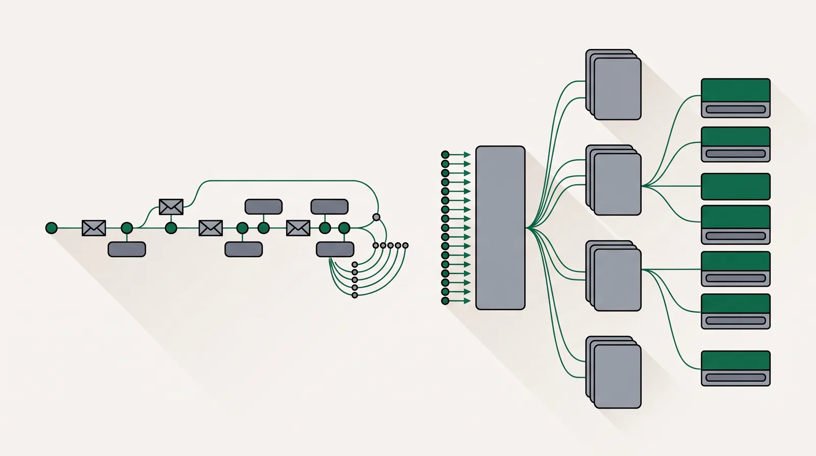 A split comparison diagram with a linked event timeline on the left and a branching traffic route through landing pages and offers on the right.