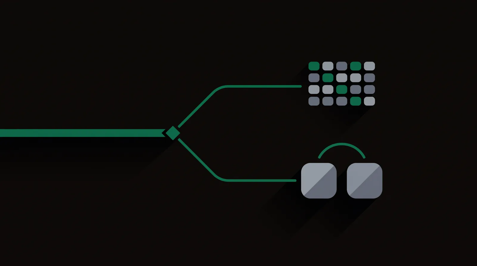 A path forking into two: the upper branch ends in a dashboard grid, the lower branch ends in two matched experiment regions with an arc.