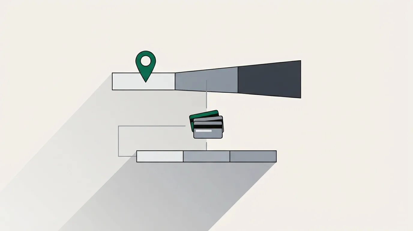 A three-segment bar shading from light grey to near black with a green marker pin over the lightest segment, a small stack of payment cards linked to it, and a second bar beneath it shifted to the left for the prior month.