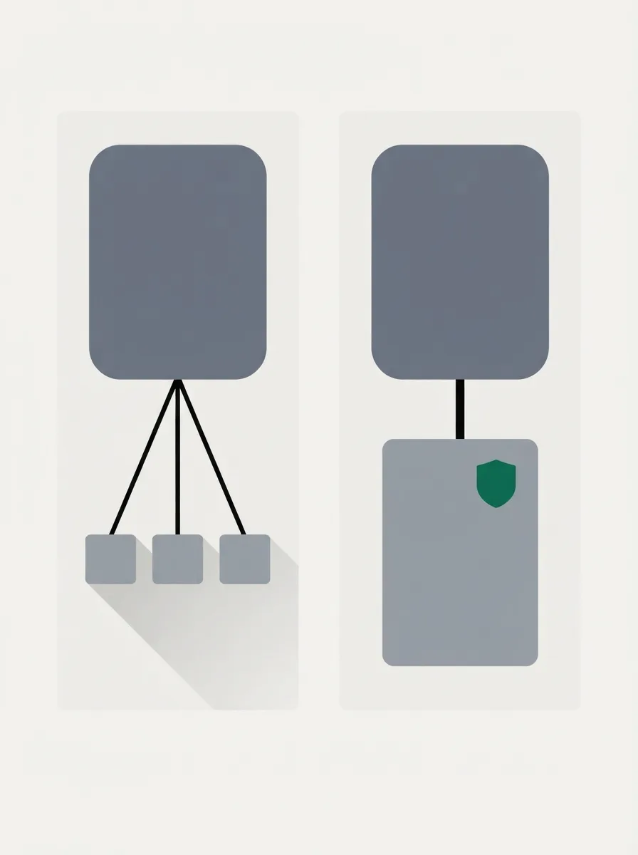 Two tall panels: on the left one block fanning out to three separate tiles, on the right one block joined to a single card marked with a small shield.