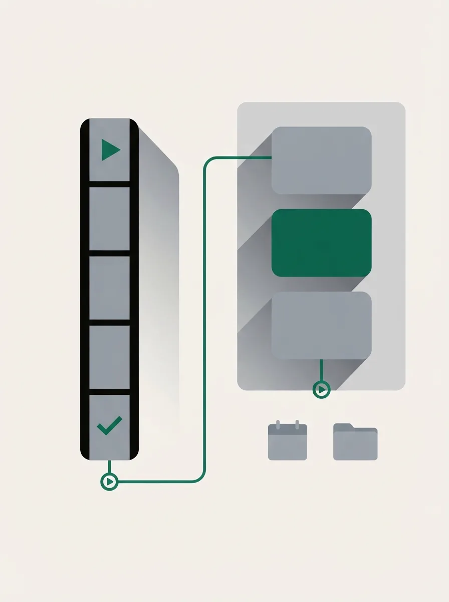 A vertical strip with a play triangle and a check mark, joined by a line to a stack of gray blocks with one green square, plus a small calendar and a document icon.