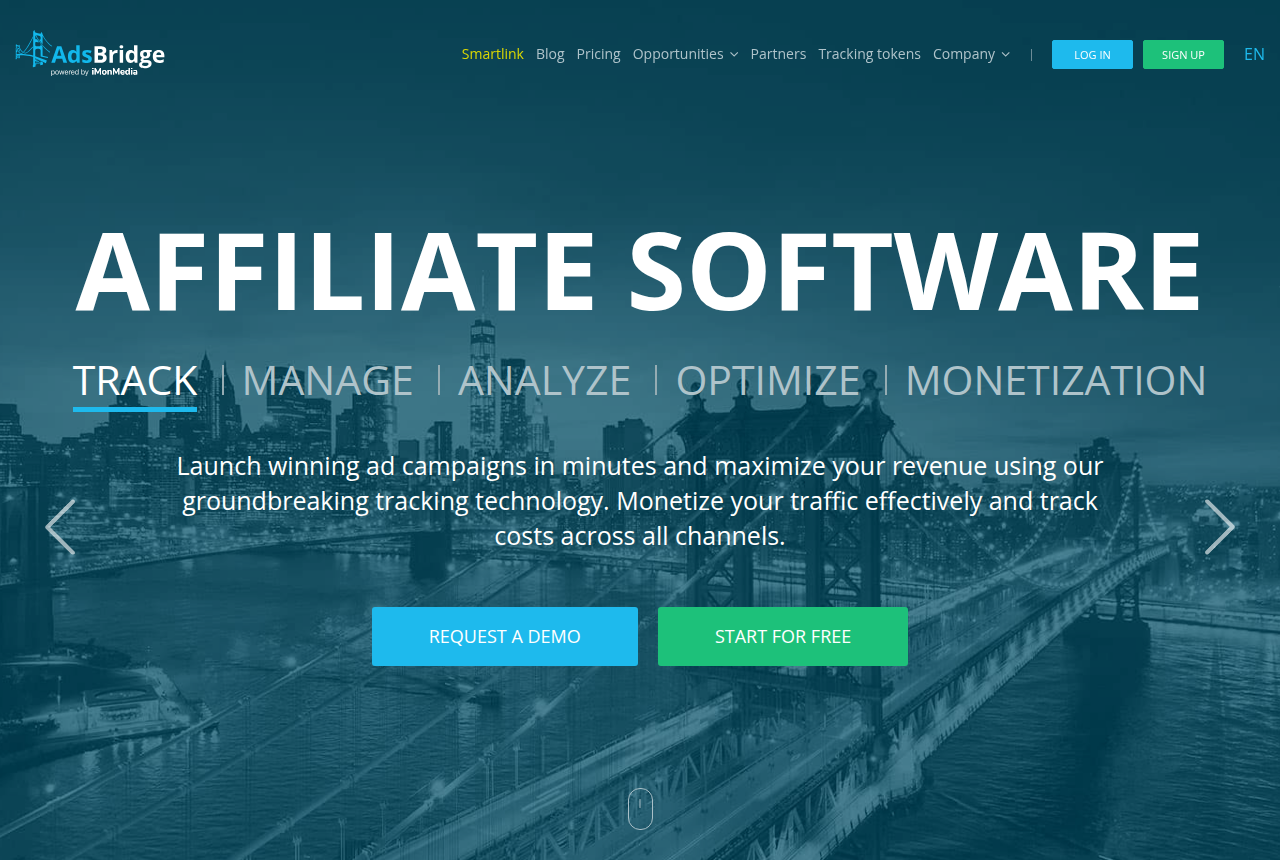 AdsBridge home page headed Affiliate Software, describing its tracking, management, analysis and optimization tools.