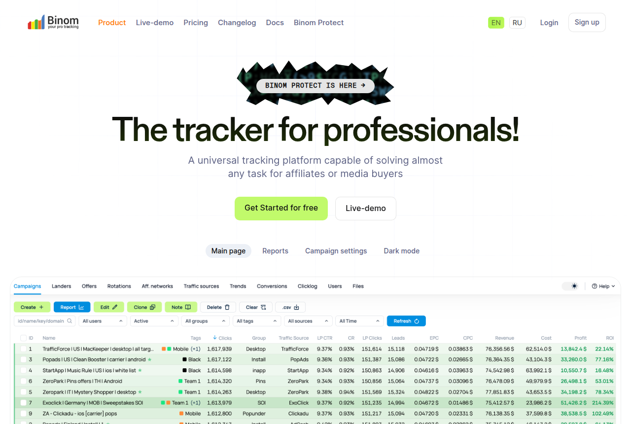 Binom home page headline 'The tracker for professionals' describing a universal tracking platform for affiliates and media buyers.