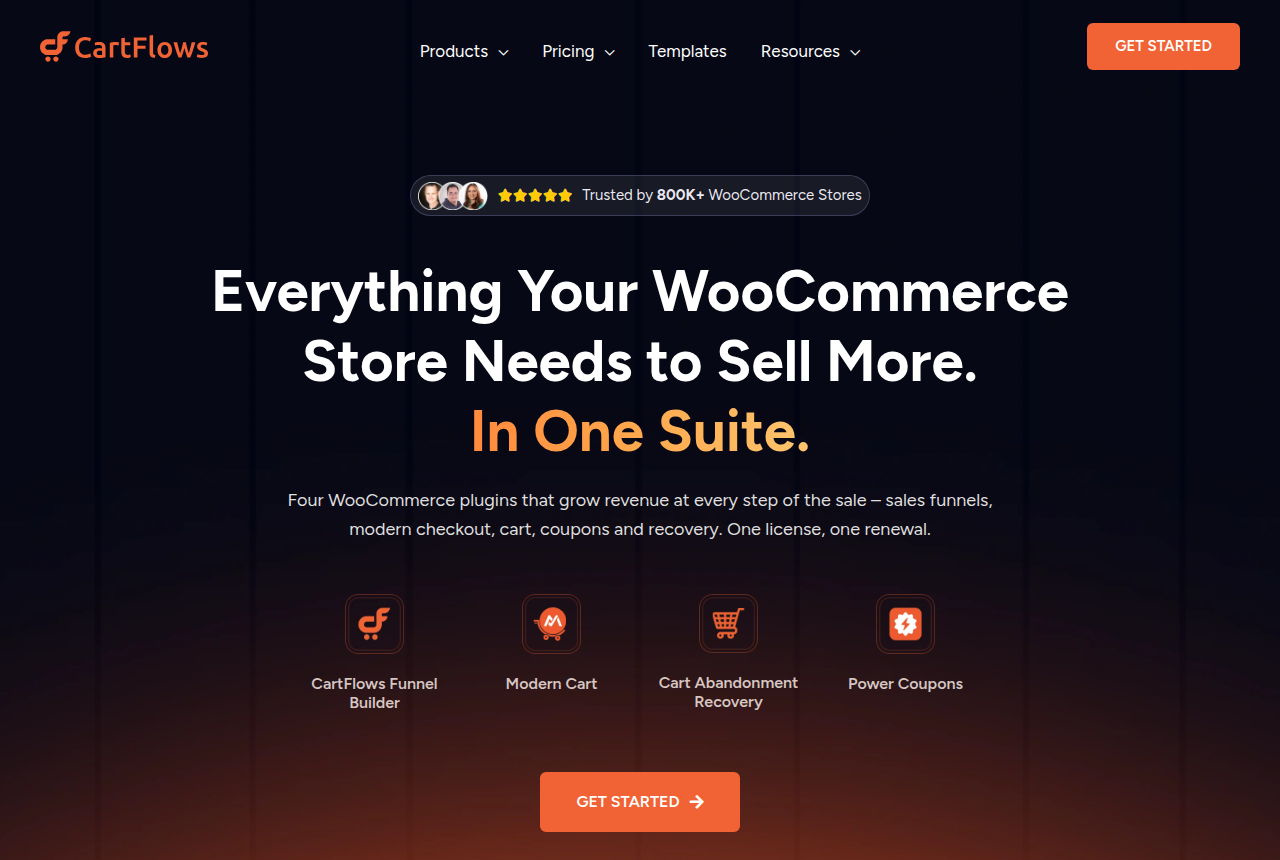 CartFlows home page headed "Everything Your WooCommerce Store Needs to Sell More. In One Suite.", showing its four-plugin WooCommerce suite.