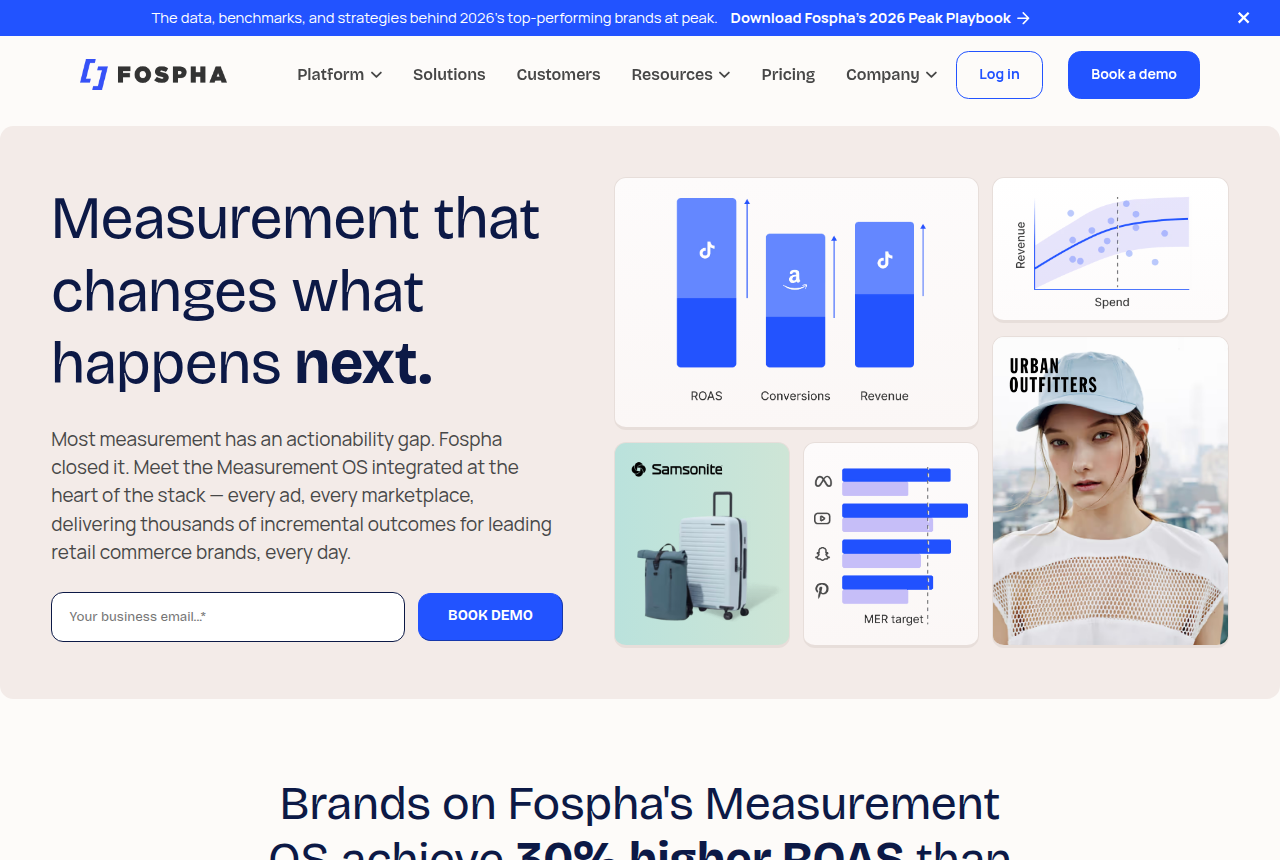 Fospha home page headed Measurement that changes what happens next, describing its Measurement Operating System for retail commerce brands.