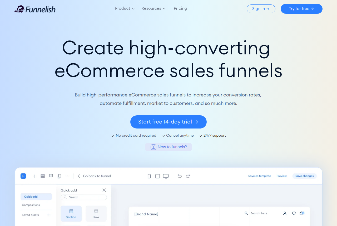 Funnelish homepage header with the Funnelish logo, the Product, Resources and Pricing menu and a Try for free button above the hero