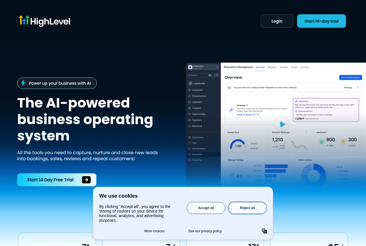 HighLevel homepage hero with the headline The AI-powered business operating system and a Start 14 Day Free Trial button, beside the app's reputation management dashboard and its left-hand menu