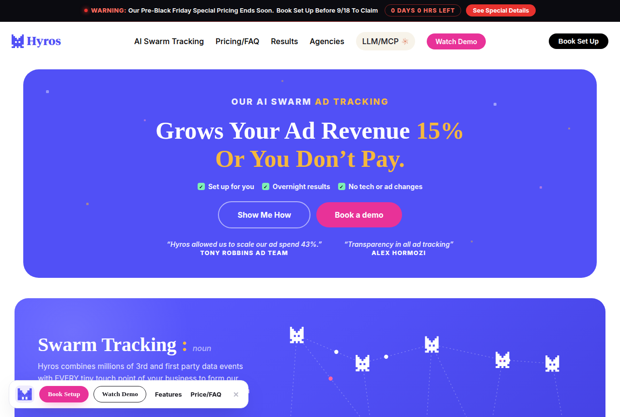 Hyros home page claiming the same ad spend with 15 percent more sales through ad tracking and attribution.