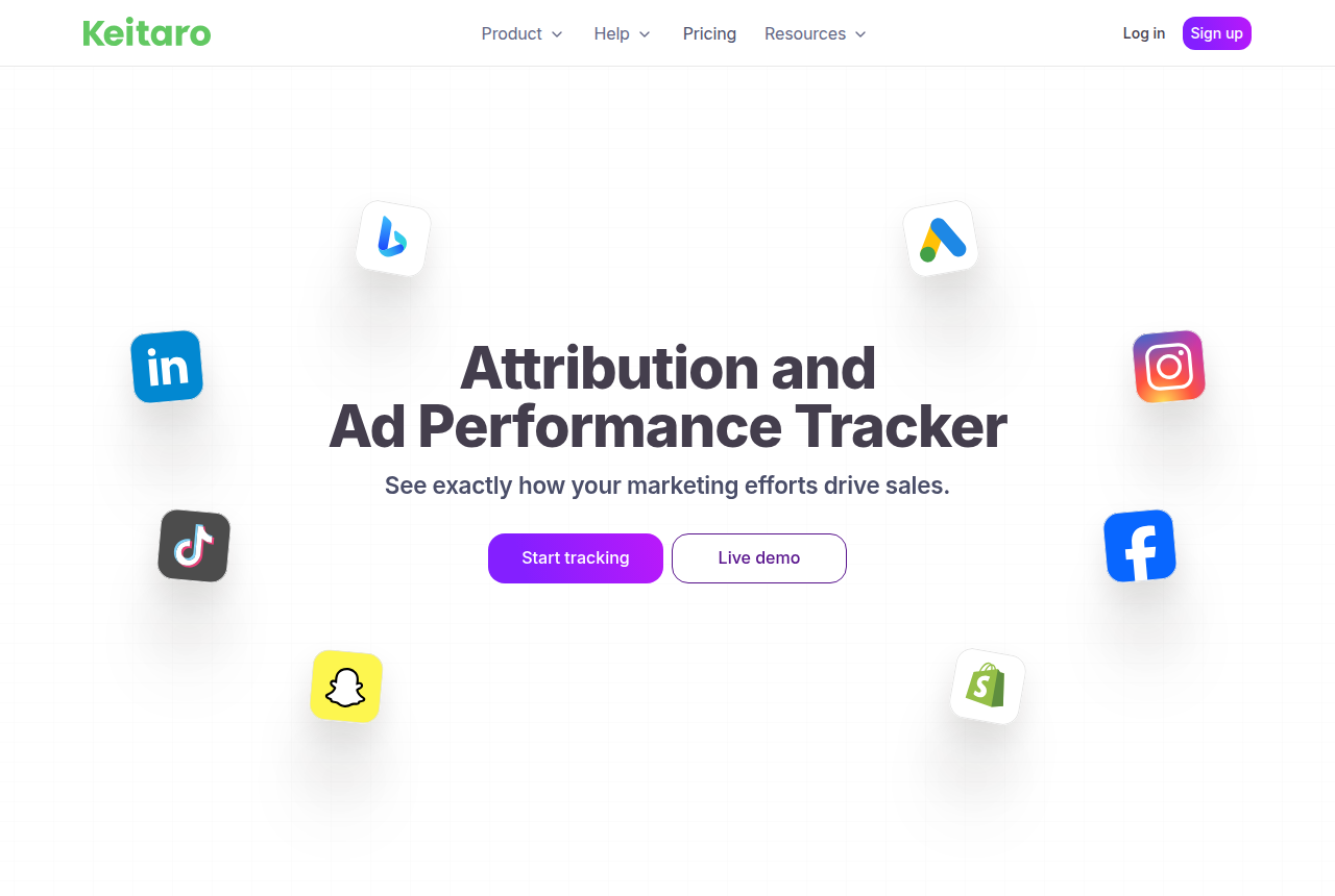 Keitaro home page with the headline 'Everything Starts Here' calling Keitaro a single source of truth for marketing attribution, above Track, Analyze, Optimize and Scale tabs.