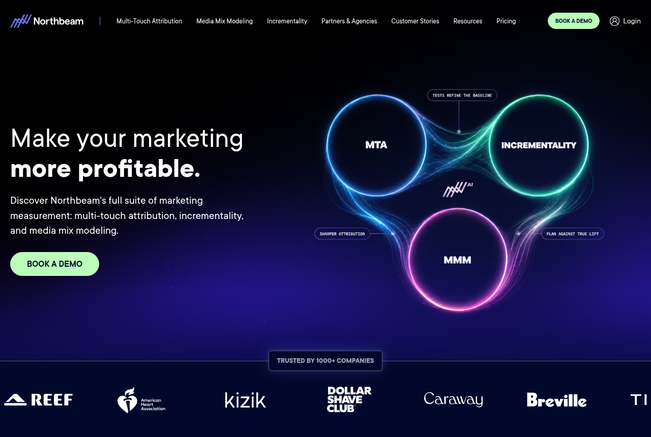 Northbeam home page headline 'Make your marketing more profitable' describing multi-touch attribution, incrementality and media-mix modeling.