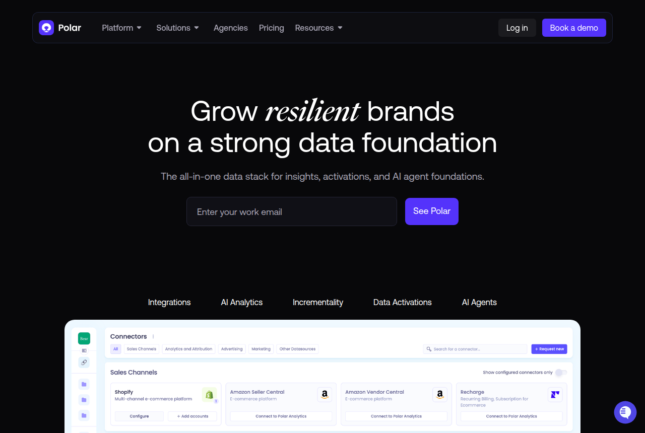 Polar Analytics home page with the headline 'Grow resilient brands on a strong data foundation' describing a unified data platform for ecommerce brands.