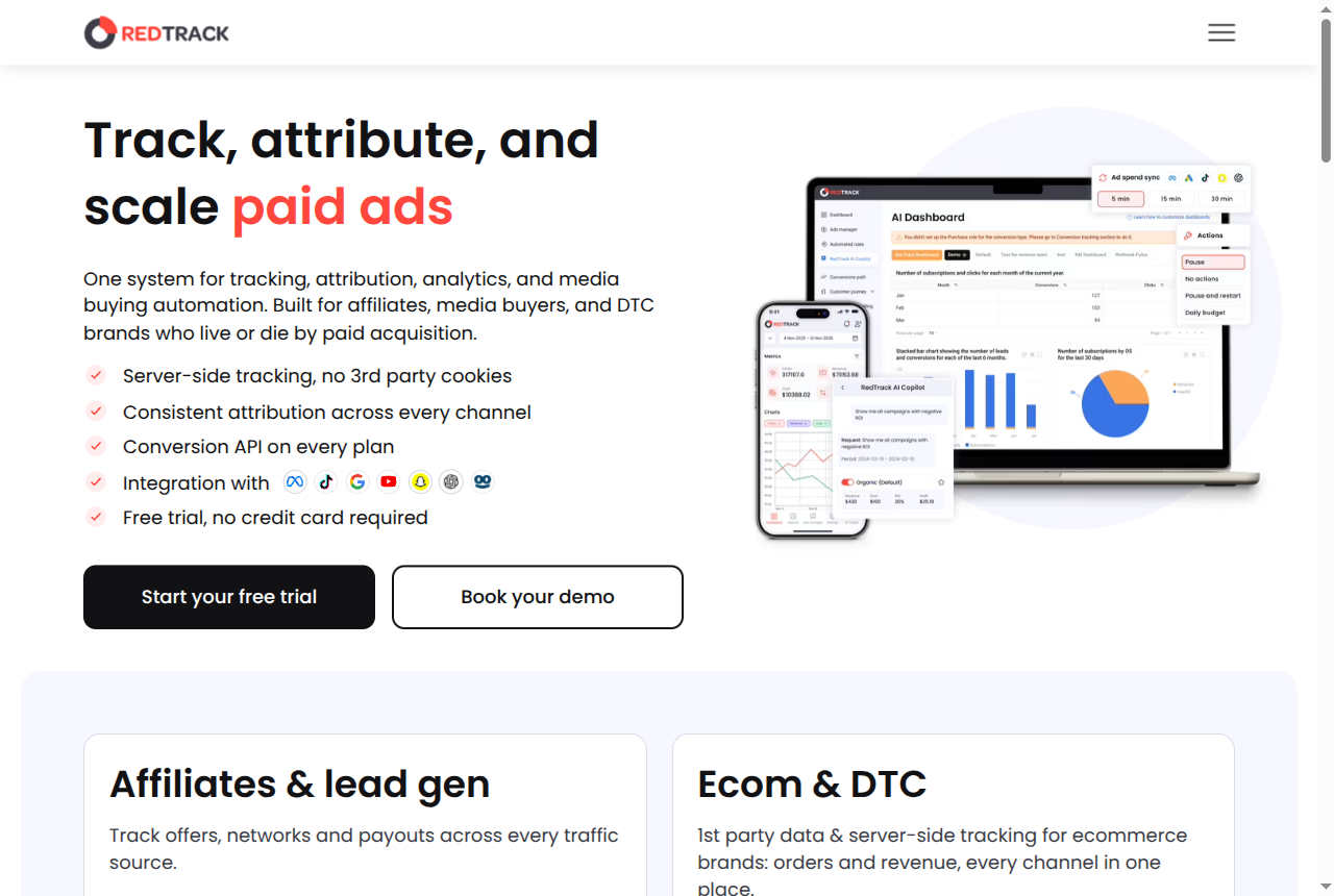 RedTrack home page headline offering performance-marketing analytics with tracking, attribution and CAPI.