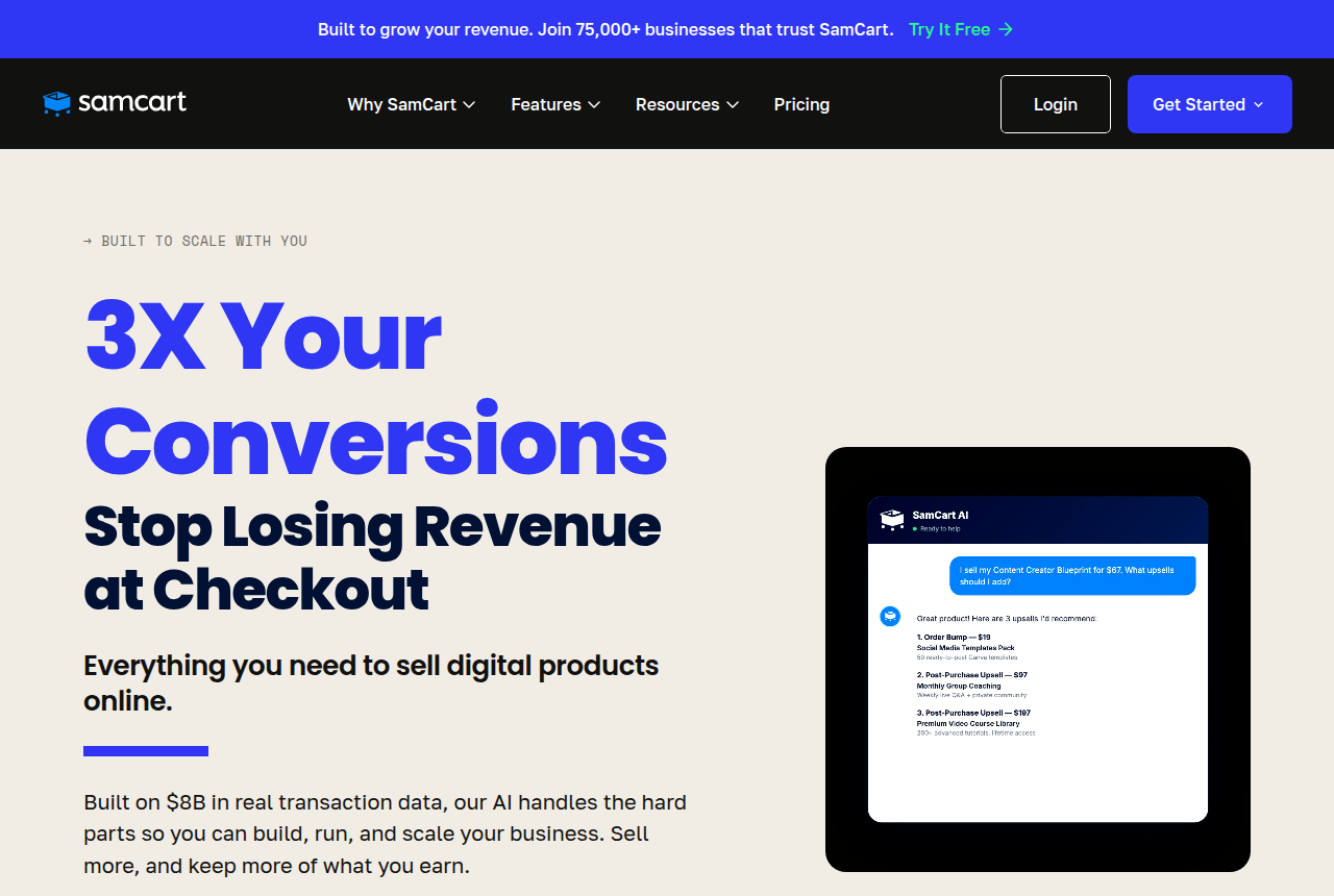 SamCart homepage hero with the headline about stopping lost revenue at checkout, beside a SamCart AI chat window suggesting an order bump and two post-purchase upsells for a digital product