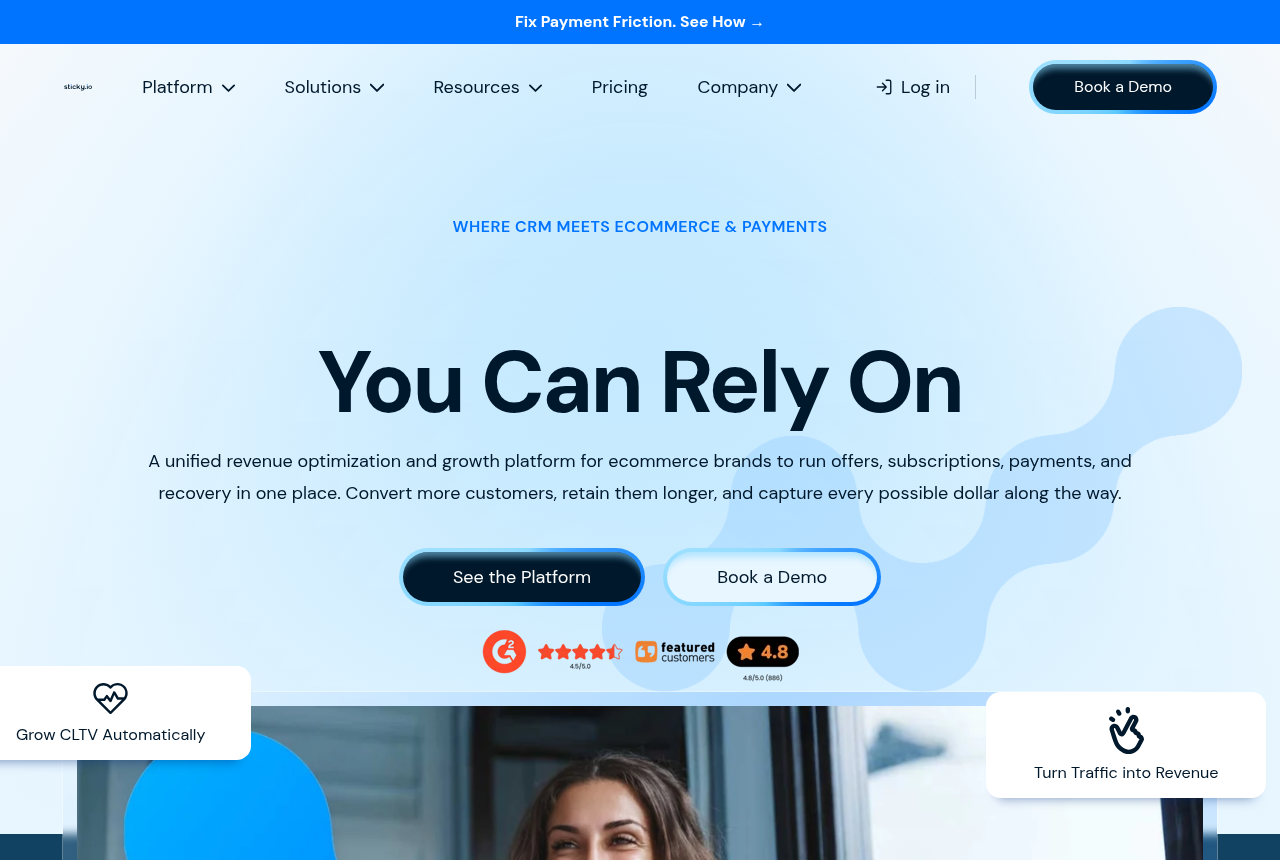 Sticky.io home page header with its navigation and headline