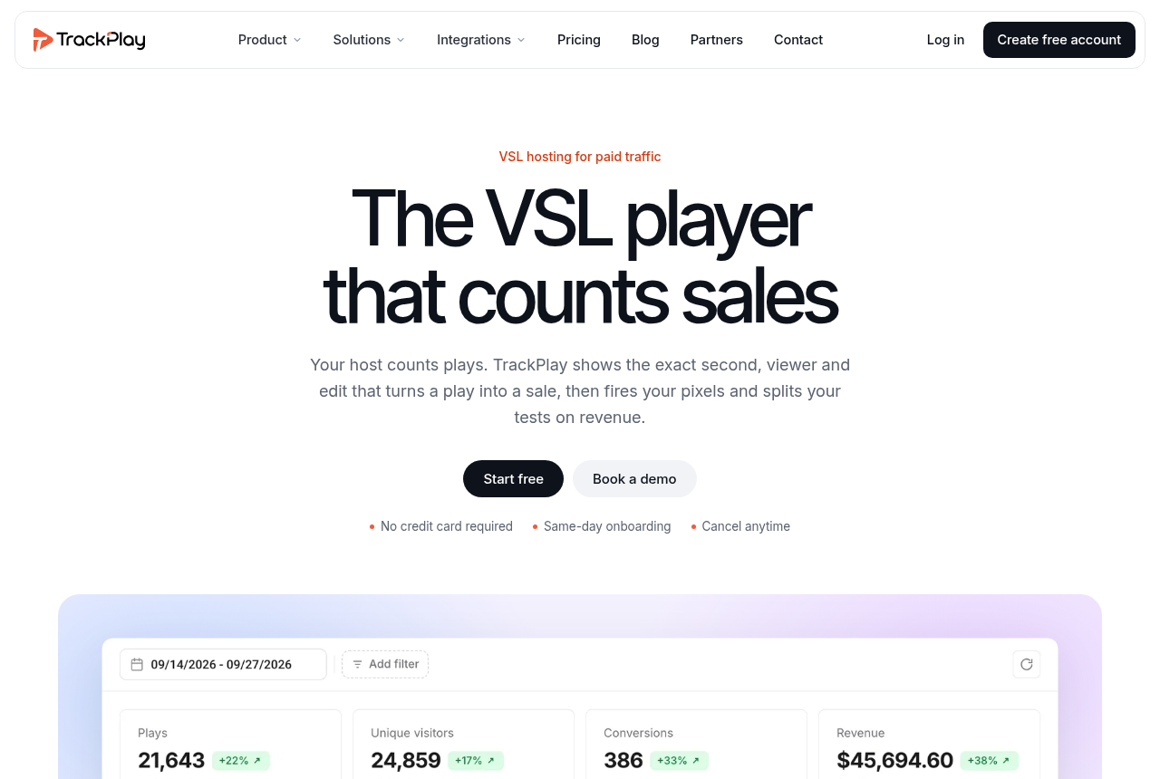 TrackPlay home page headline reading 'The VSL player that counts sales', with buttons to start free and book a demo.