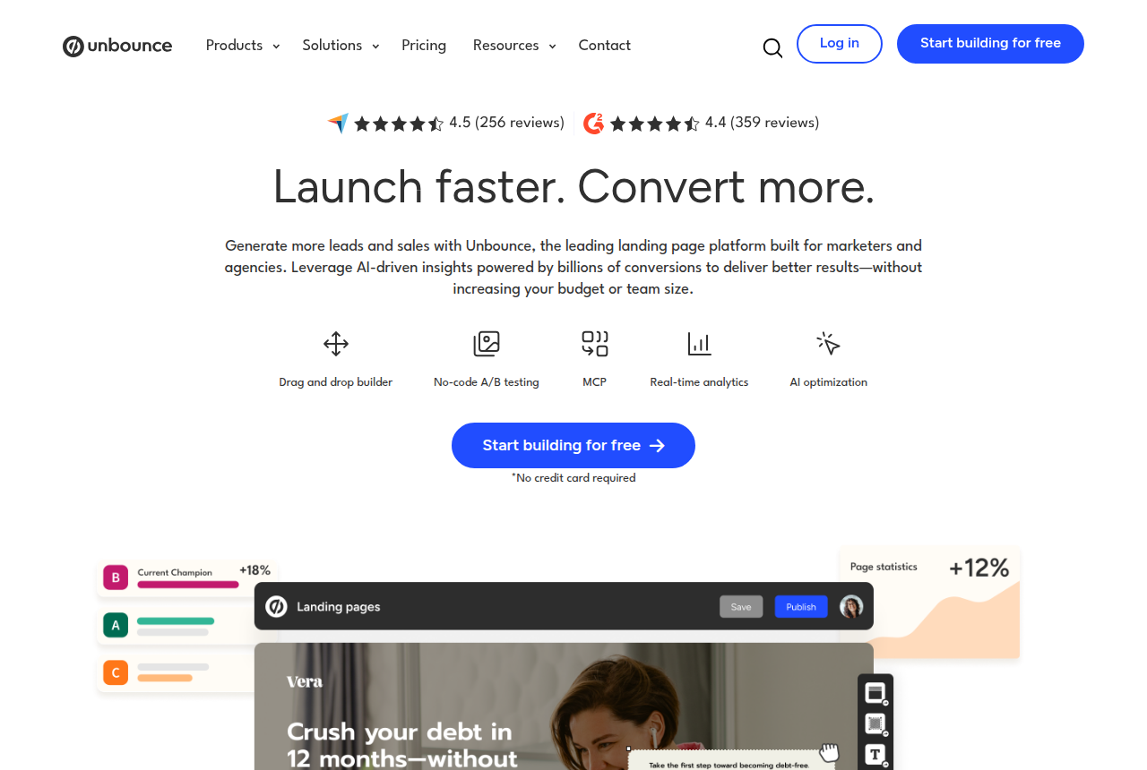 Unbounce homepage header with the Unbounce logo, the Products, Solutions, Pricing and Resources menu, and the sign-up button above the hero