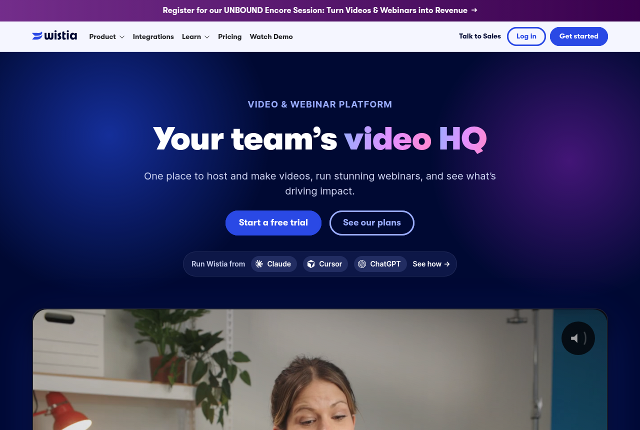 Top of the Wistia homepage, with the site header and the opening line for a team video platform